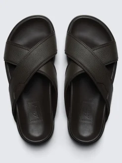 Dark brown grained calf leather slide sandals