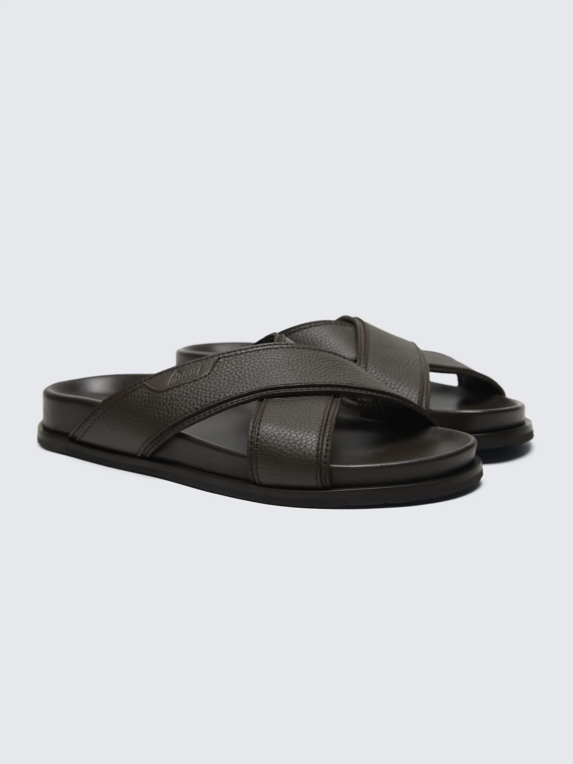 Dark brown grained calf leather slide sandals