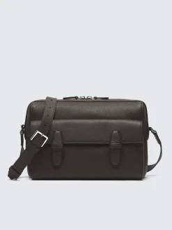Dark brown grained leather messenger bag