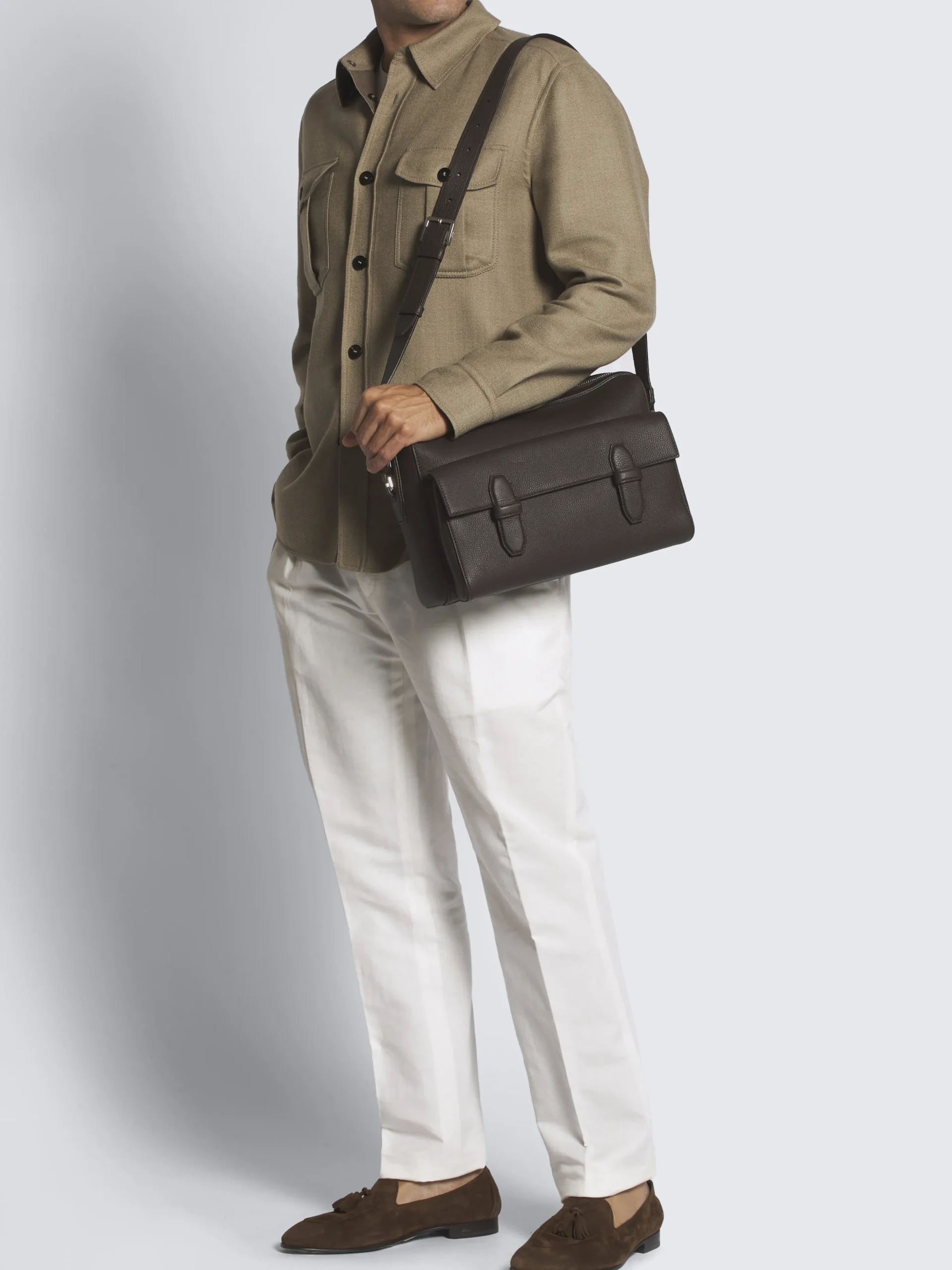 Dark brown grained leather messenger bag