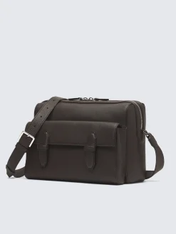 Dark brown grained leather messenger bag
