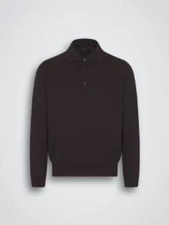 Dark brown Sea Island cotton and baby cashmere polo sweater