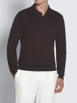 Dark brown Sea Island cotton and baby cashmere polo sweater