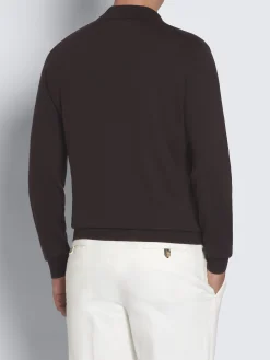 Dark brown Sea Island cotton and baby cashmere polo sweater