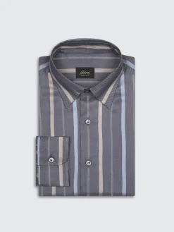 Dark grey, beige and sky blue striped silk hidden button-down shirt