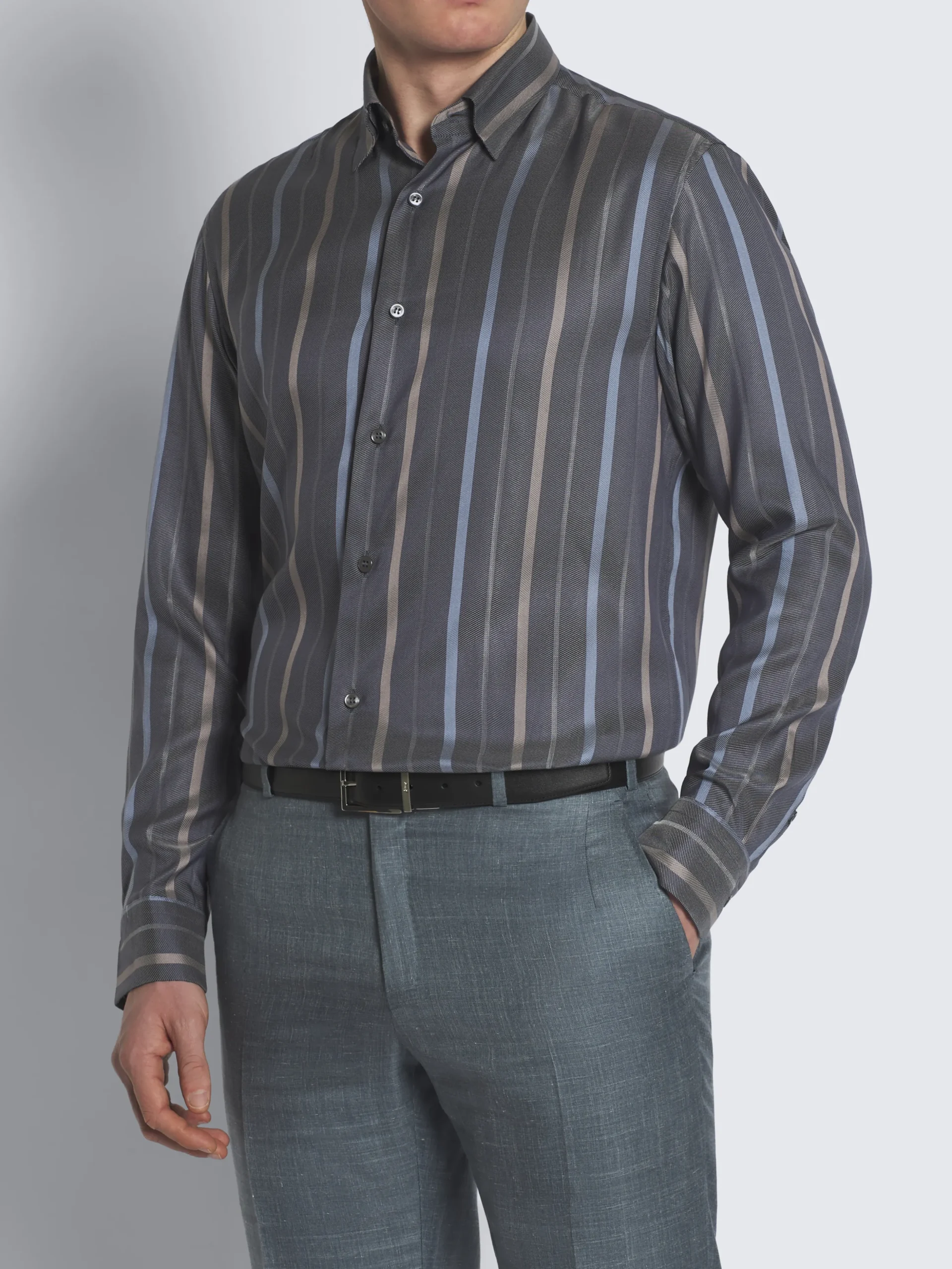 Dark grey, beige and sky blue striped silk hidden button-down shirt