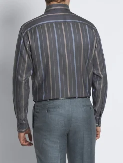 Dark grey, beige and sky blue striped silk hidden button-down shirt