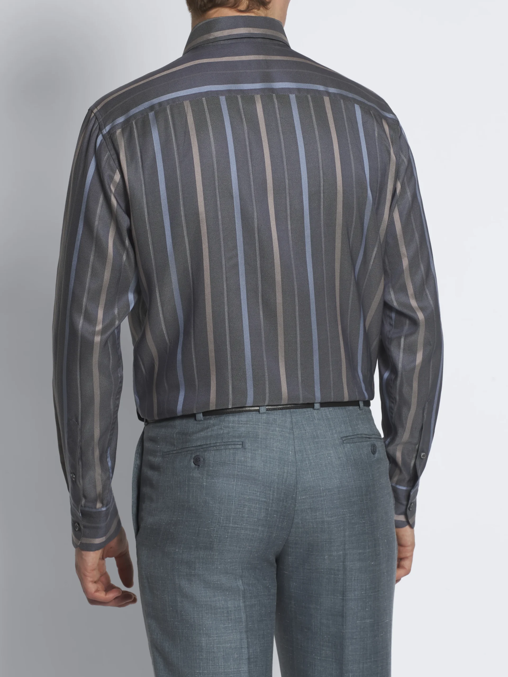 Dark grey, beige and sky blue striped silk hidden button-down shirt