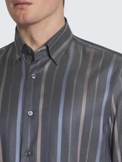 Dark grey, beige and sky blue striped silk hidden button-down shirt