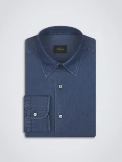Denim blue cotton hidden button-down shirt