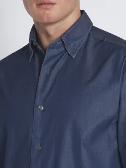 Denim blue cotton hidden button-down shirt