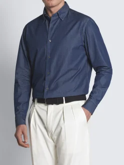 Denim blue cotton hidden button-down shirt