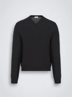 Essential dark grey wool, cashmere and silk V-neck sweater