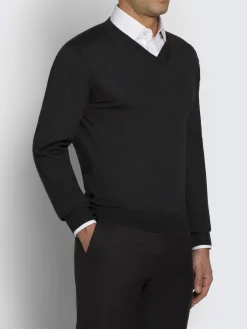 Essential dark grey wool, cashmere and silk V-neck sweater