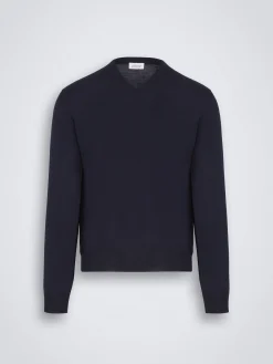 Essential midnight blue wool, cashmere and silk V-neck sweater