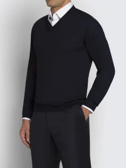 Essential midnight blue wool, cashmere and silk V-neck sweater