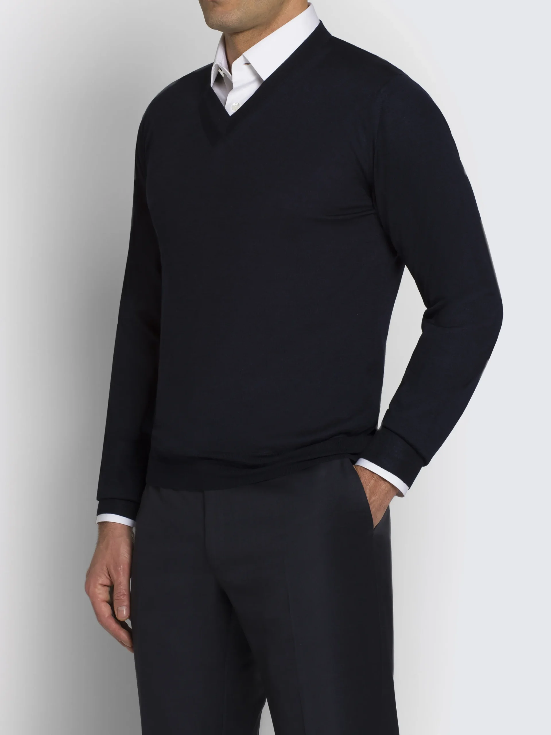 Essential midnight blue wool, cashmere and silk V-neck sweater