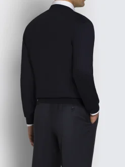 Essential midnight blue wool, cashmere and silk V-neck sweater