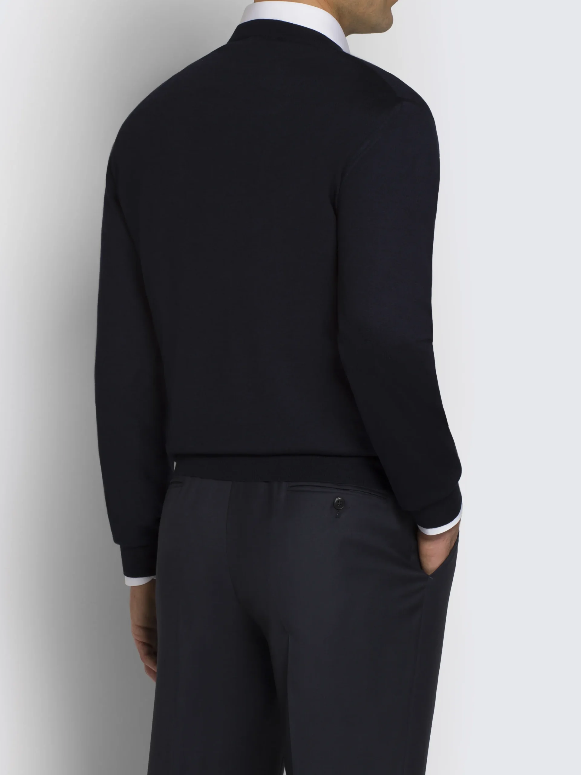 Essential midnight blue wool, cashmere and silk V-neck sweater