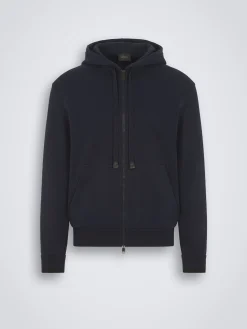 Essential navy blue stretch cotton full-zip hooded blouson