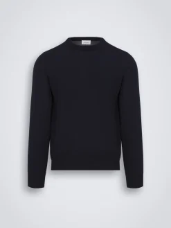 Essential navy blue wool, cashmere and silk crewneck sweater