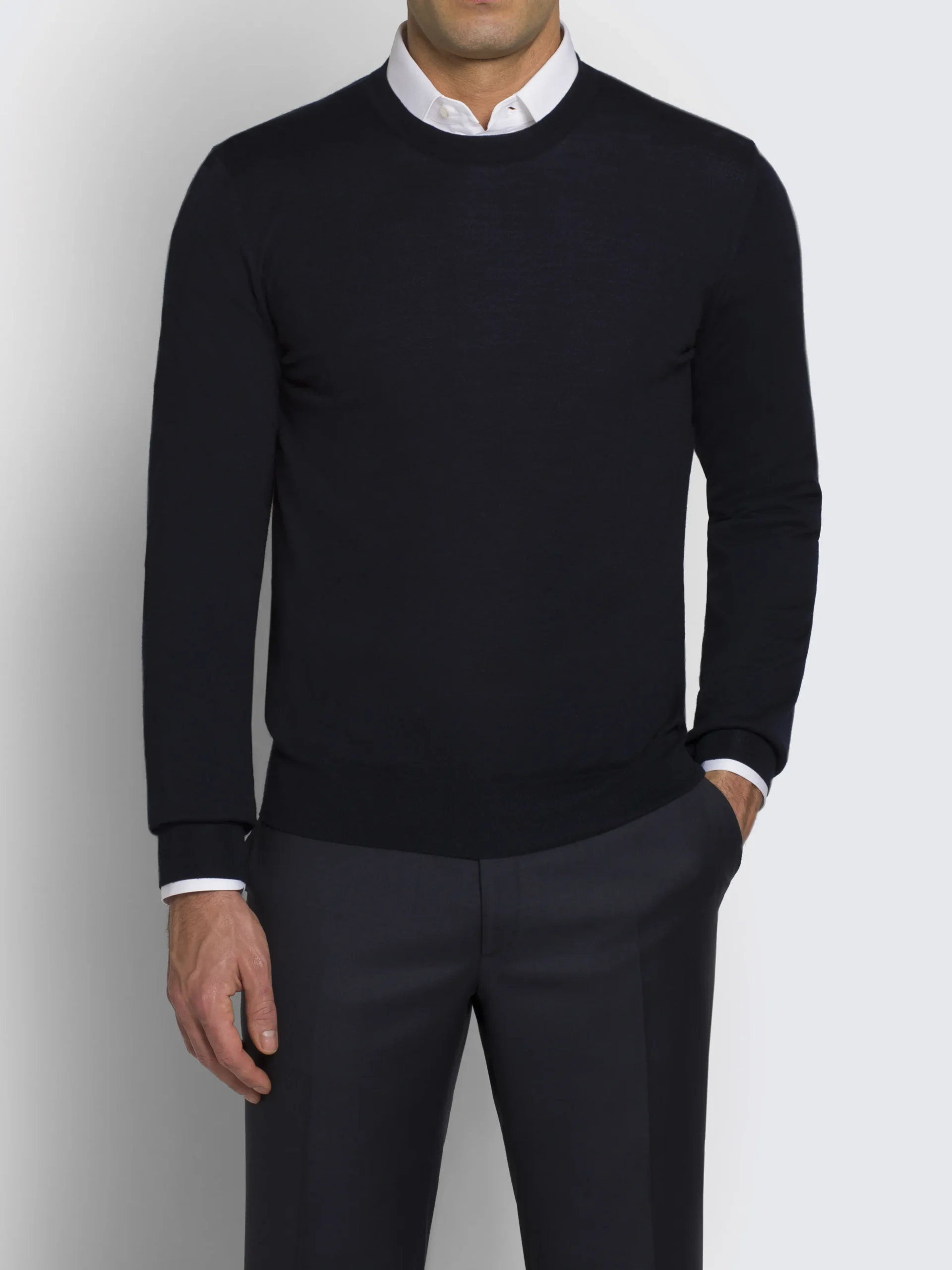 Essential navy blue wool, cashmere and silk crewneck sweater