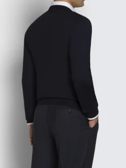 Essential navy blue wool, cashmere and silk crewneck sweater