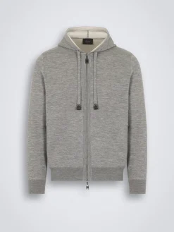 Grey and ivory white cashmere, silk and cotton reversible hooded blouson