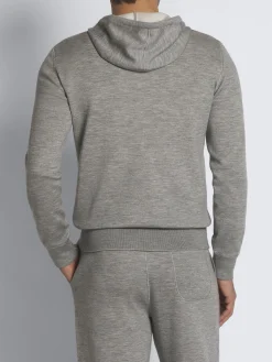 Grey and ivory white cashmere, silk and cotton reversible hooded blouson