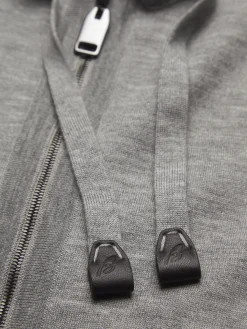 Grey and ivory white cashmere, silk and cotton reversible hooded blouson
