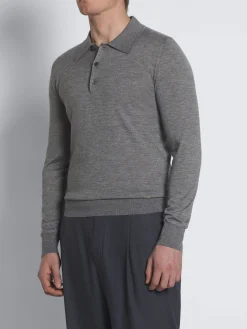 Grey cashmere and silk long-sleeved polo