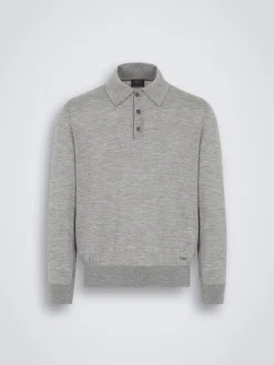 Grey cashmere and silk polo sweater