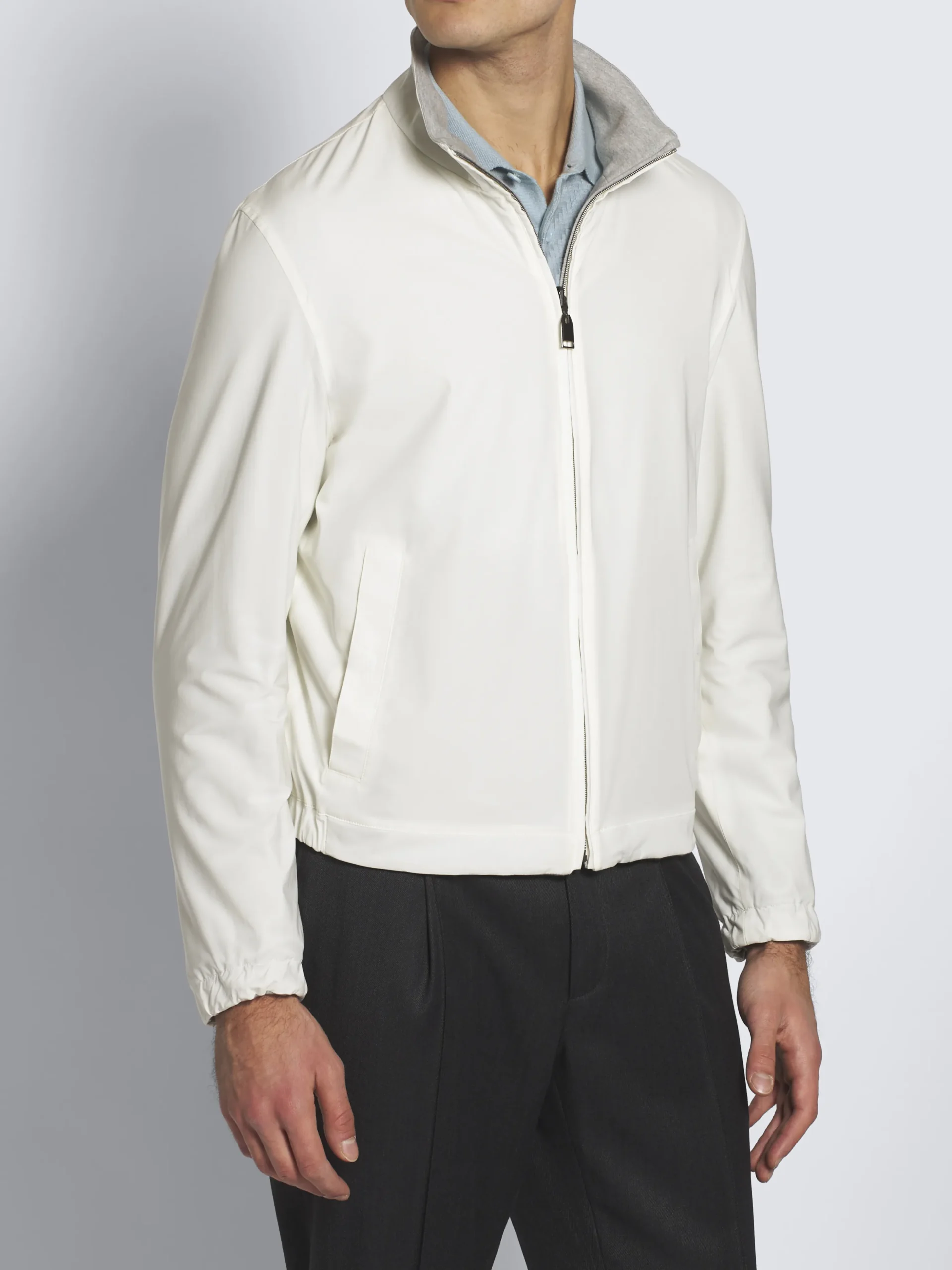 Ivory white and grey stretch silk and cotton jersey reversible blouson