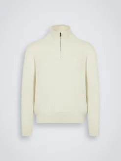 Ivory white cashmere and silk half-zip mockneck sweater