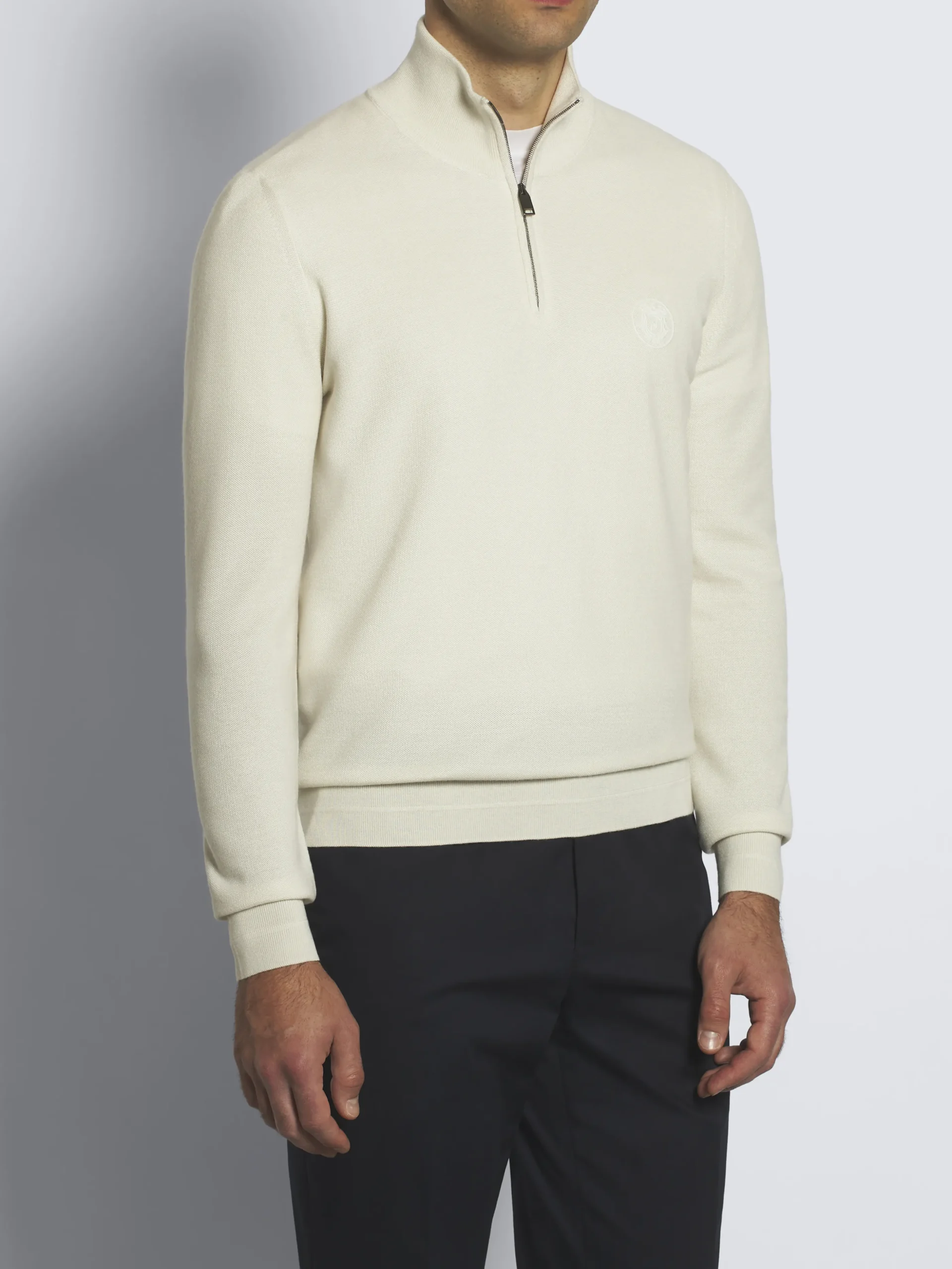Ivory white cashmere and silk half-zip mockneck sweater
