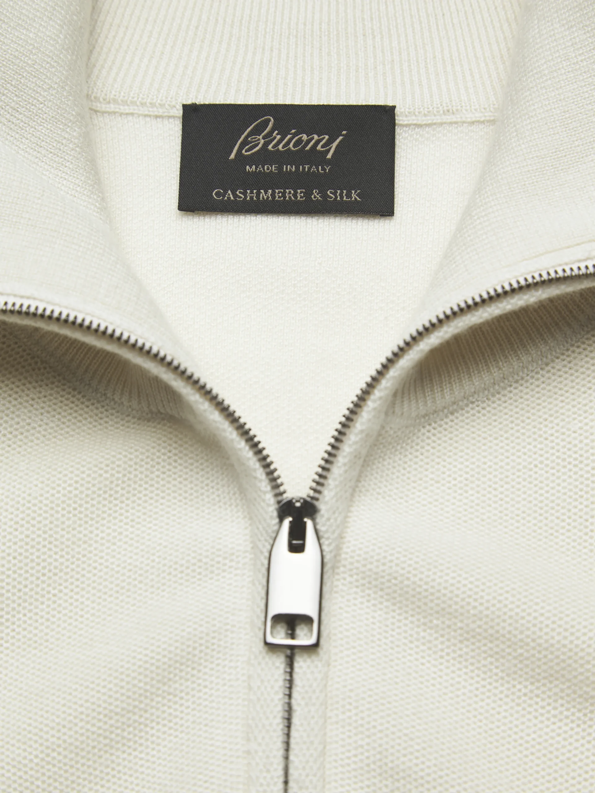 Ivory white cashmere and silk half-zip mockneck sweater