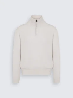 Ivory white cashmere and wool half-zip mockneck sweater