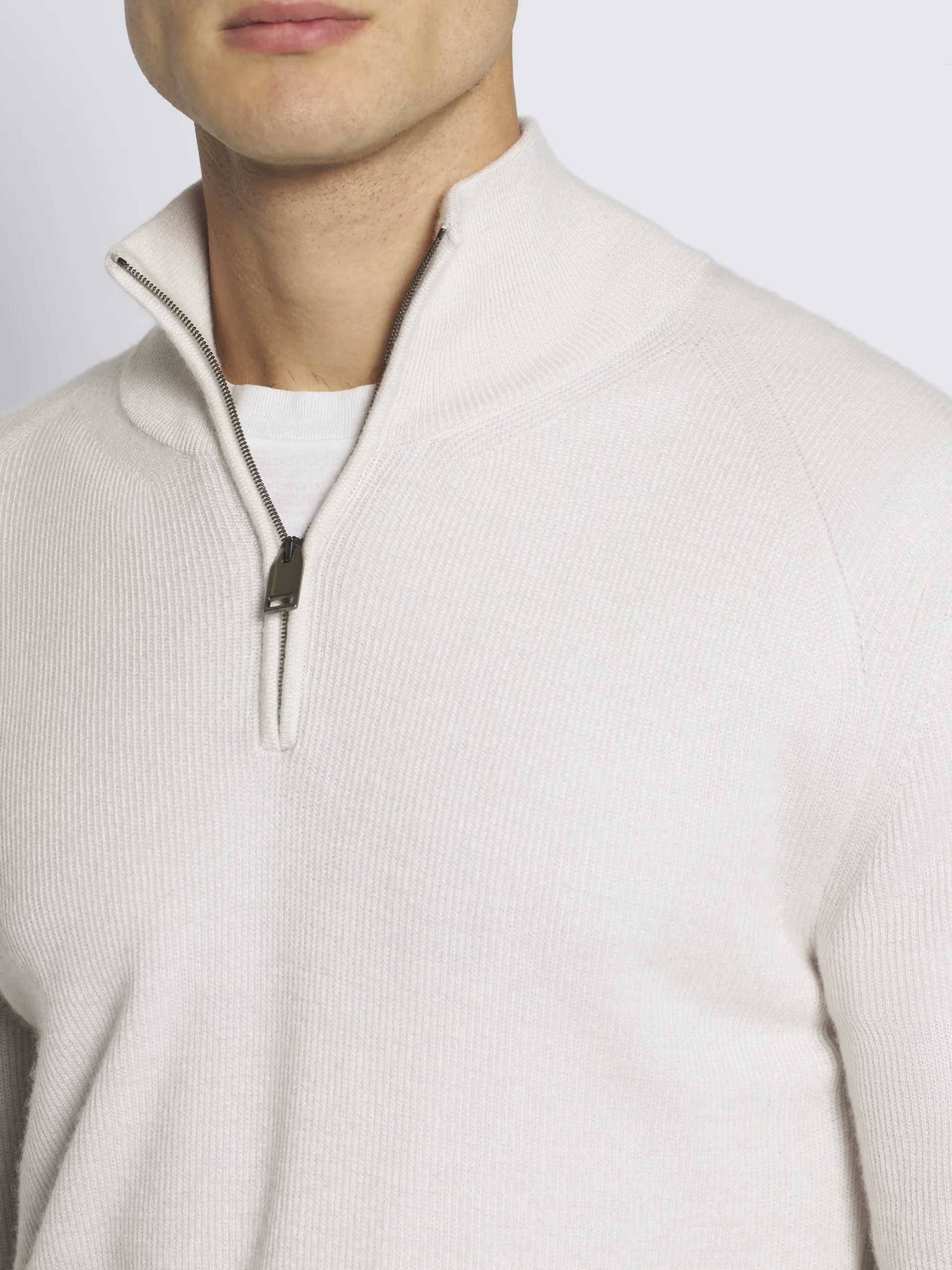 Ivory white cashmere and wool half-zip mockneck sweater