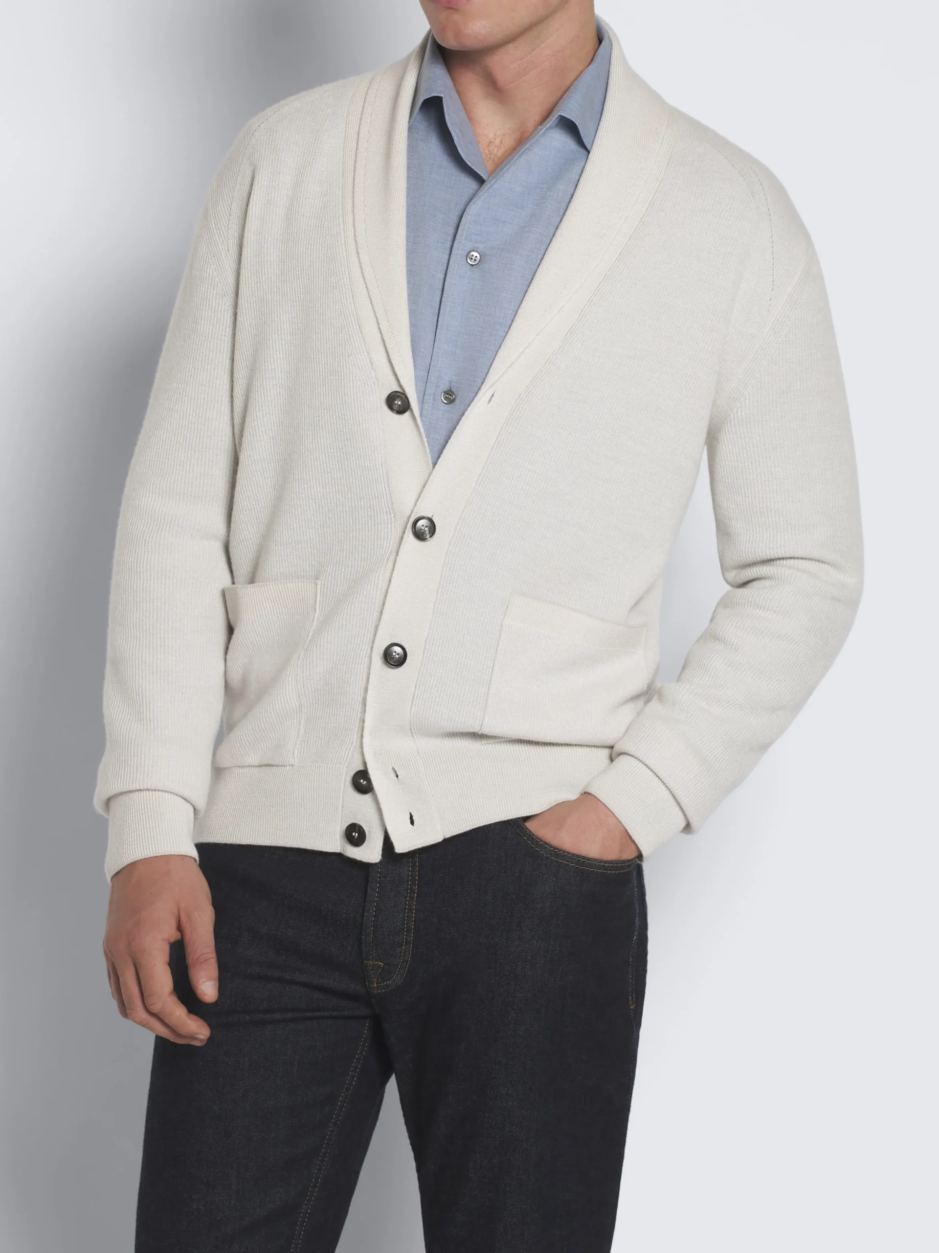 Ivory white cashmere and wool shawl collar cardigan