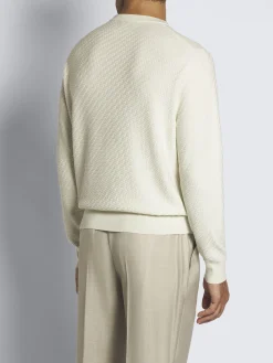 Ivory white organic cotton, silk and cashmere Trama weave crewneck sweater