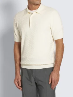 Ivory white organic cotton, silk and cashmere Trama weave polo