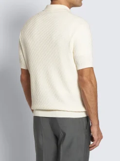 Ivory white organic cotton, silk and cashmere Trama weave polo