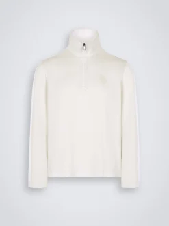 Ivory white silk and cotton jersey half-zip mockneck sweater