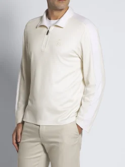 Ivory white silk and cotton jersey half-zip mockneck sweater