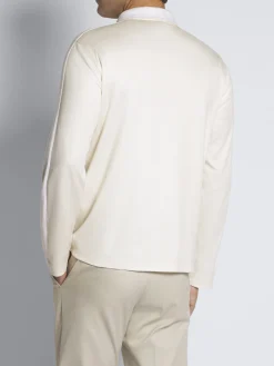 Ivory white silk and cotton jersey half-zip mockneck sweater