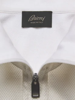 Ivory white silk and cotton jersey half-zip mockneck sweater