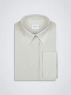 Ivory white silk French cuff evening shirt with plastron
