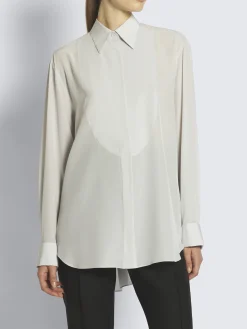 Ivory white silk French cuff evening shirt with plastron