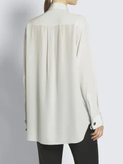 Ivory white silk French cuff evening shirt with plastron