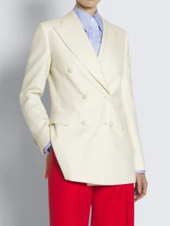 Ivory white wool, silk and linen herringbone double-breasted Flavia jacket